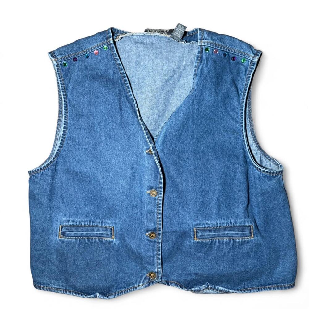 Y Not Denim Vest Blue XL Vintage Rhinestone Studded 90s Boho Festival Casual